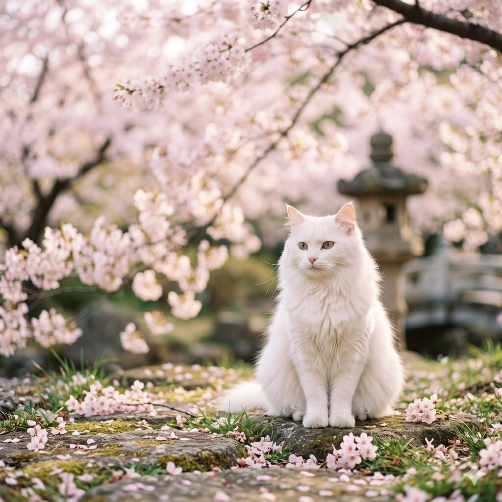 桜のそばでくつろぐ白猫