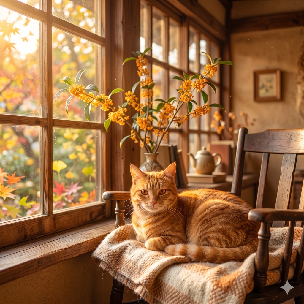 金木犀の咲く秋の部屋にいる茶虎猫