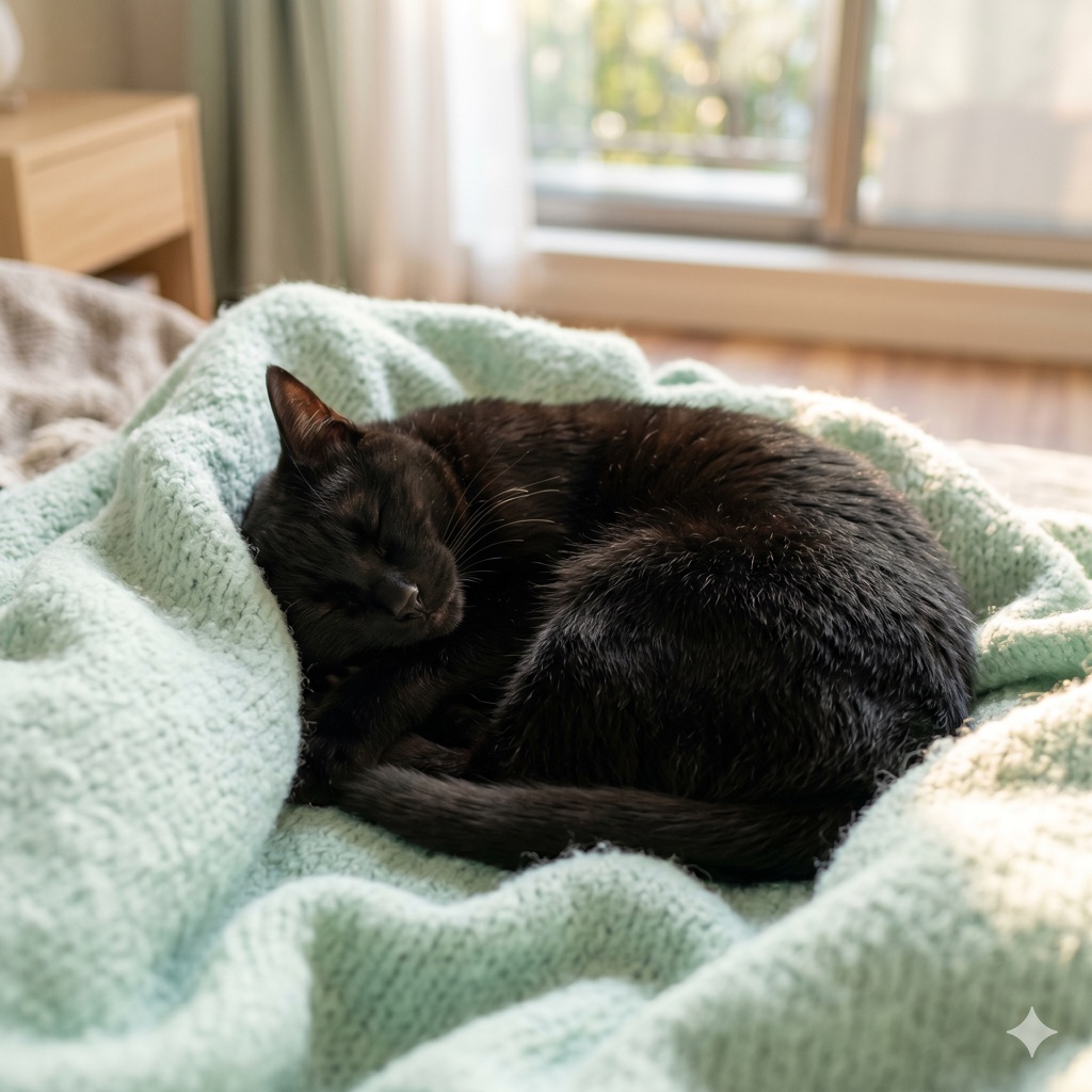 やわらかな毛布で丸くなる黒猫