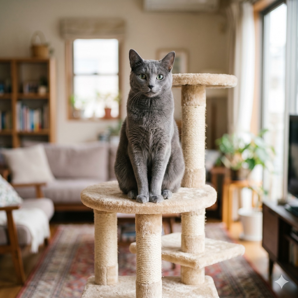 キャットタワーに座る灰色猫