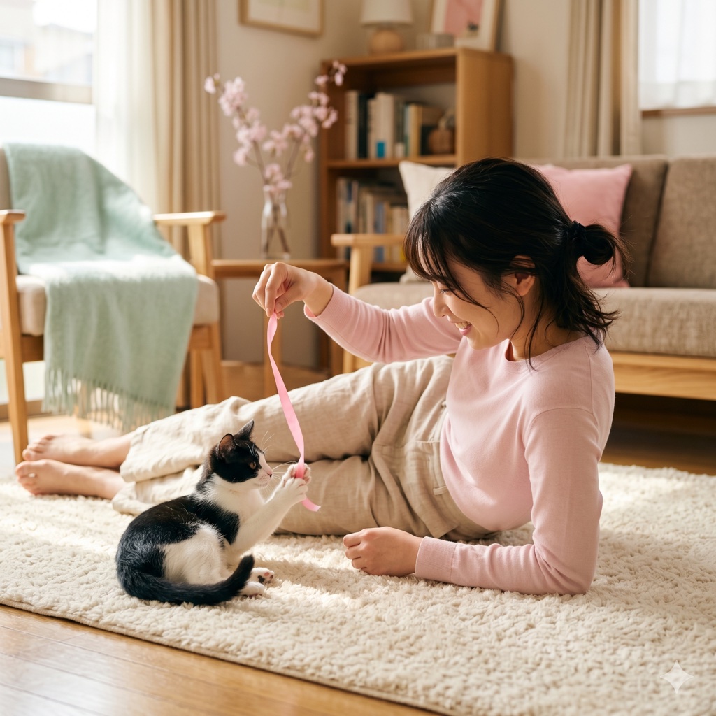 リボンで八割れ猫と遊ぶ若い女性